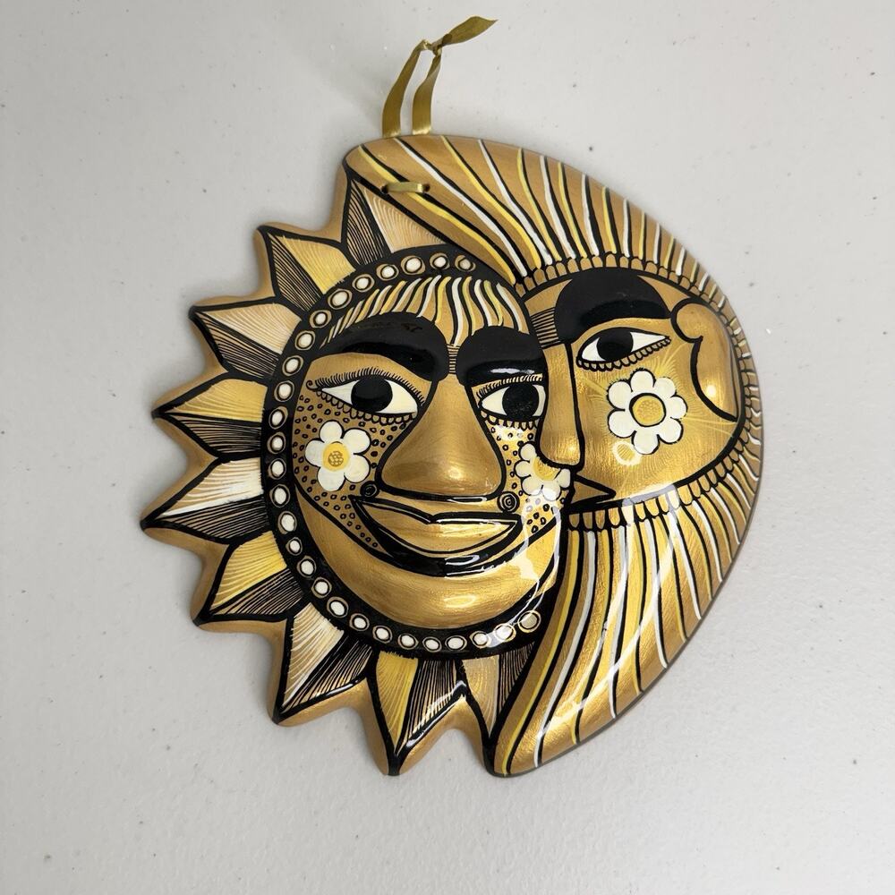 Vintage Hand Painted Glazed Celestial Gold Sun & Moon Terracotta Wall Plaque Art